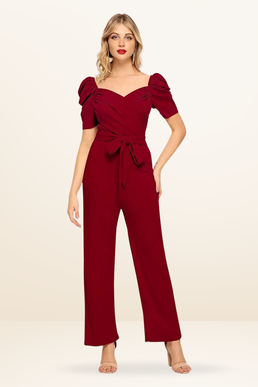 Puff Sleeve V-Neck Belted Jumpsuit [4 Colors]