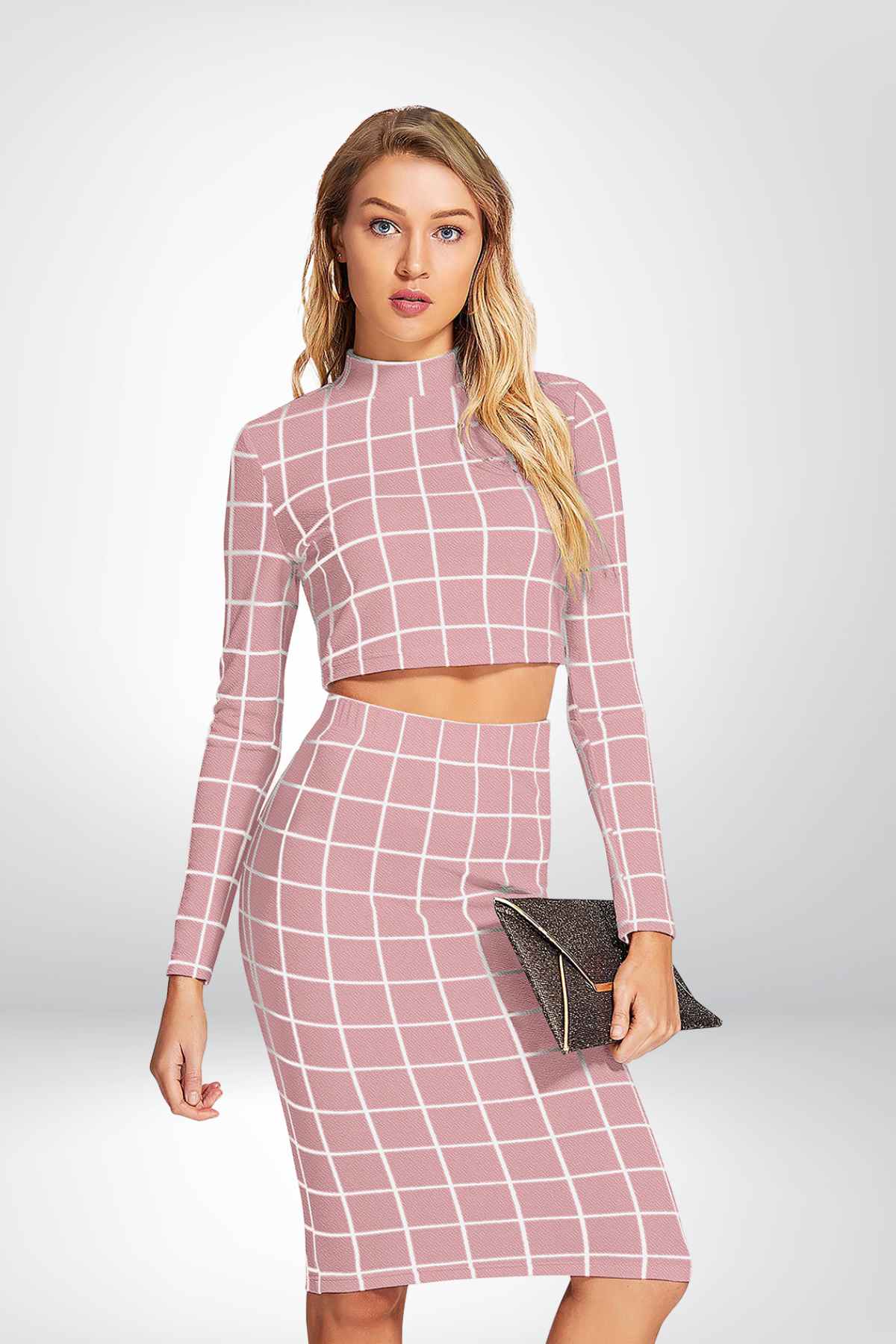 Mauve Grid Print Crop Top & Skirt Co-ord Set – High Neck, Long Sleeve [3 Colour]