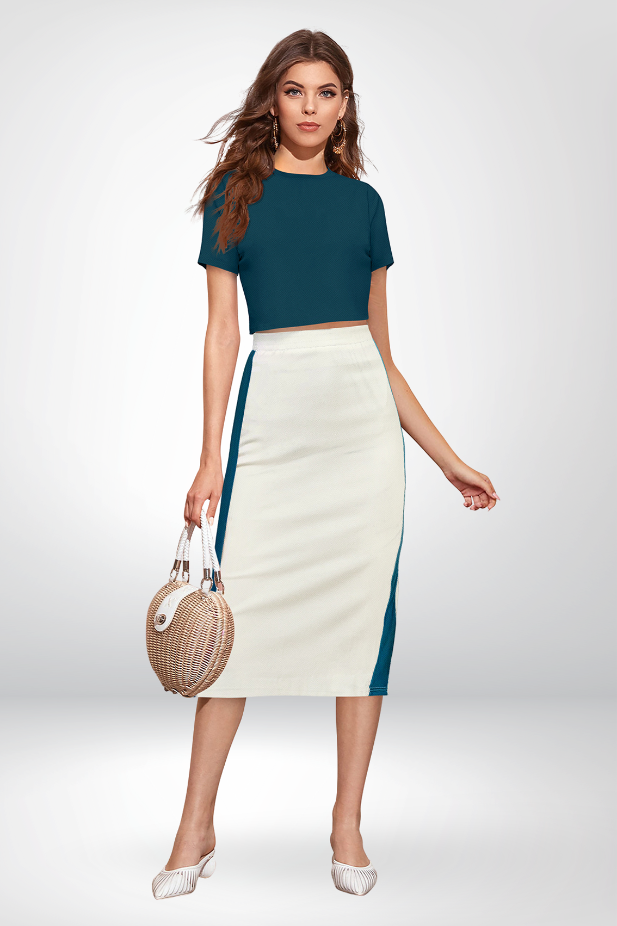 Teal Crop Top and Ivory Panel Midi Skirt