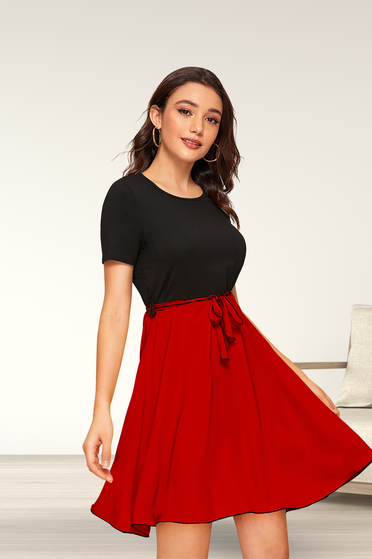 Short Sleeve A-Line Tie Waist Dress [2 Colors]