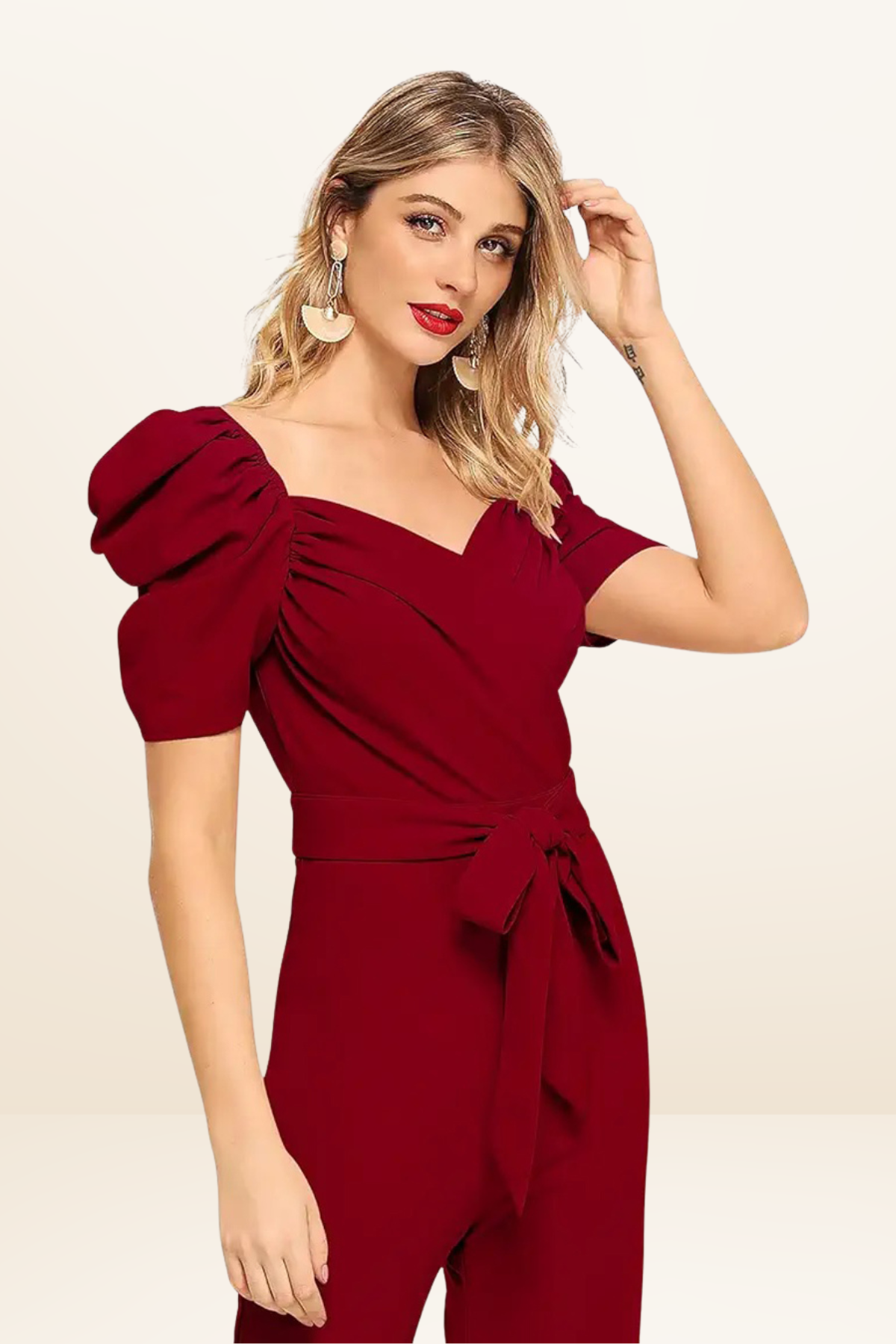 Puff Sleeve V-Neck Belted Jumpsuit [4 Colors]