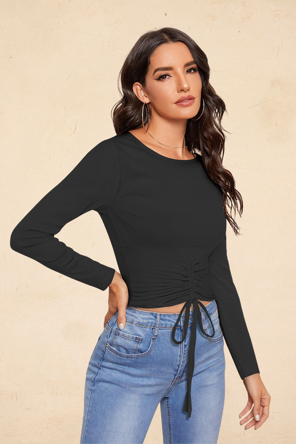 Ruched Drawstring Long Sleeve Crop Top [2 Colors]