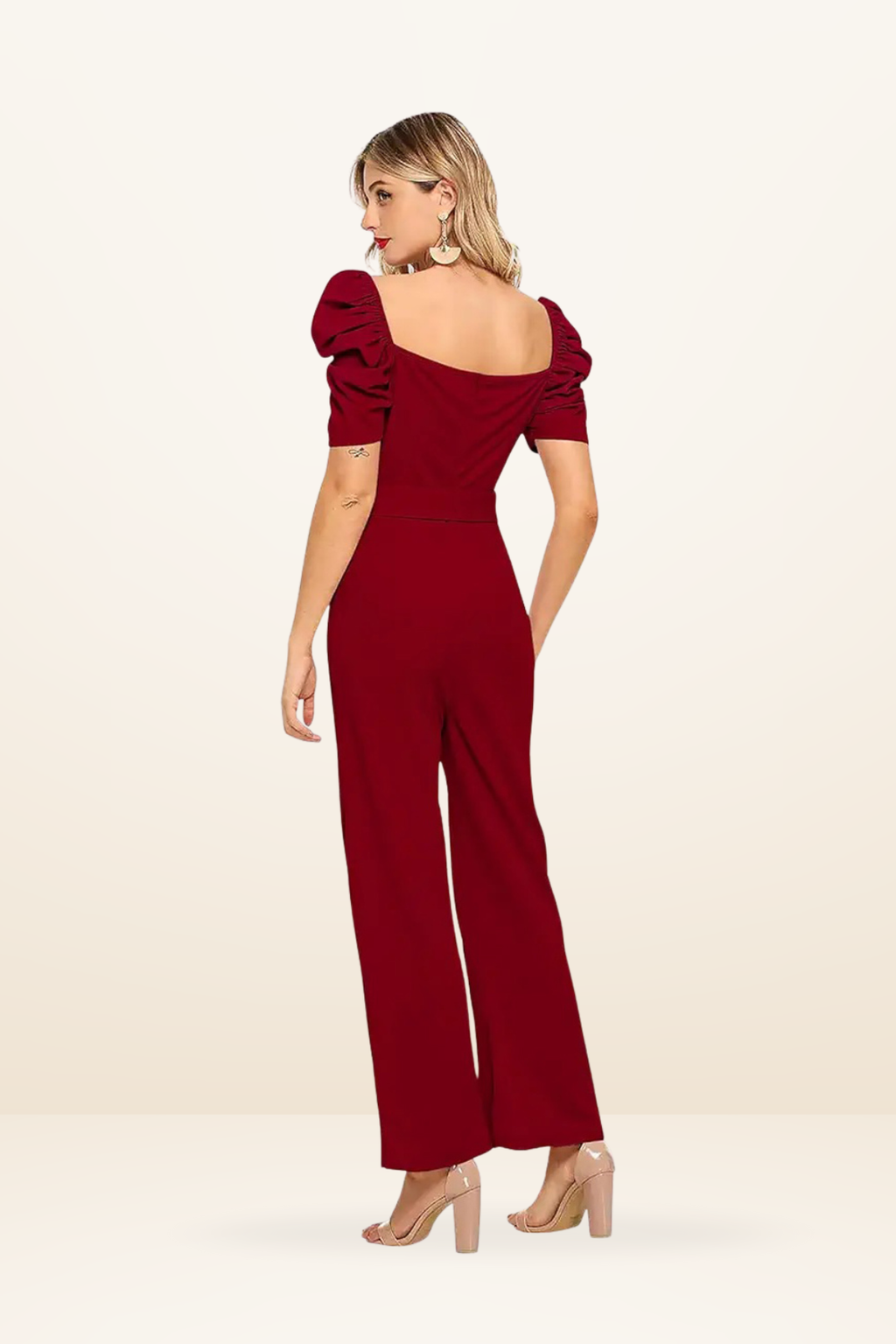 Puff Sleeve V-Neck Belted Jumpsuit [4 Colors]