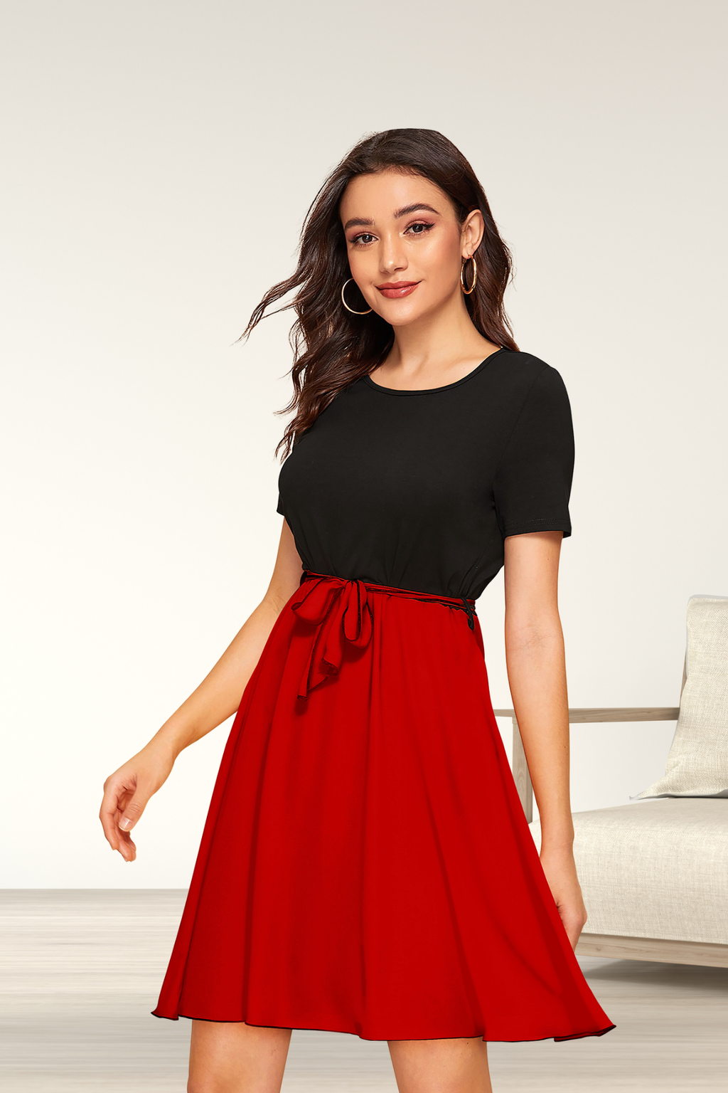 Short Sleeve A-Line Tie Waist Dress [2 Colors]