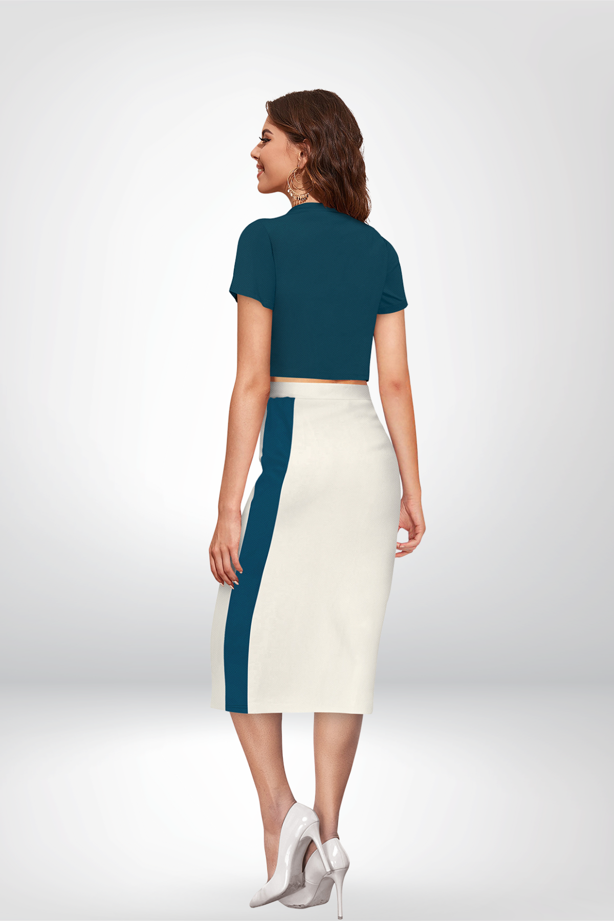 Teal Crop Top and Ivory Panel Midi Skirt