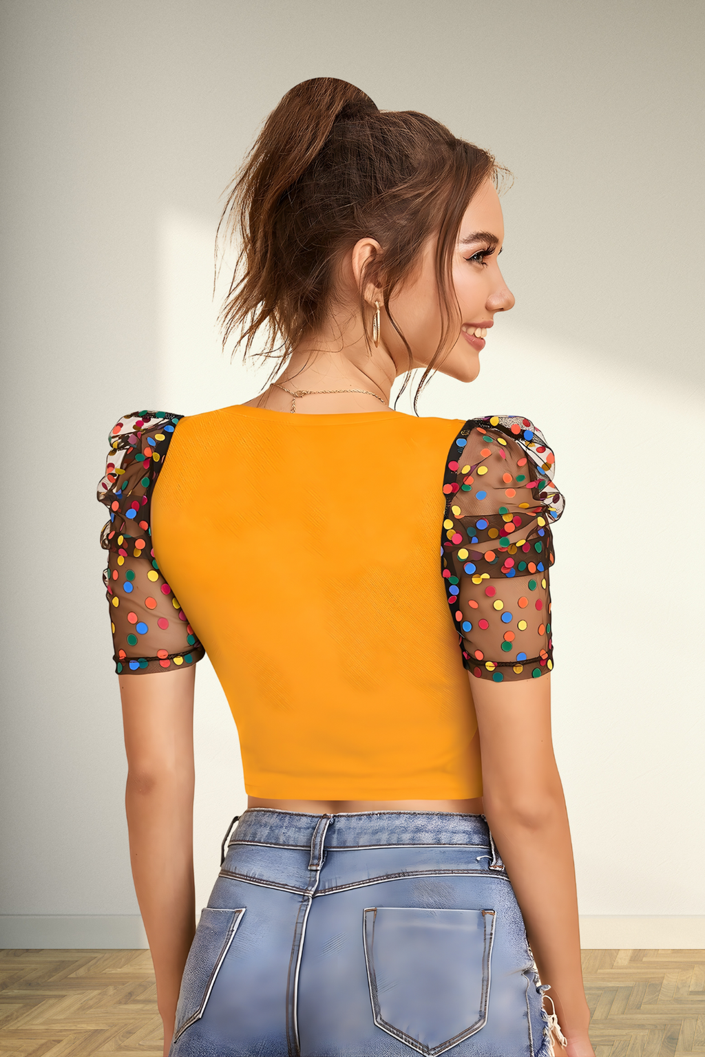 Polka Dot Puff Sleeve Crop Top [10 Colors ]