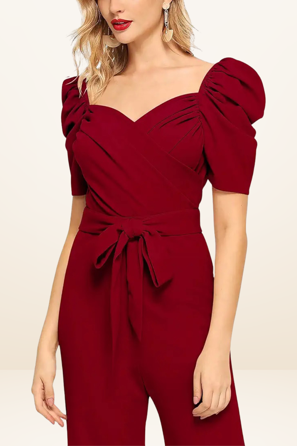 Puff Sleeve V-Neck Belted Jumpsuit [4 Colors]