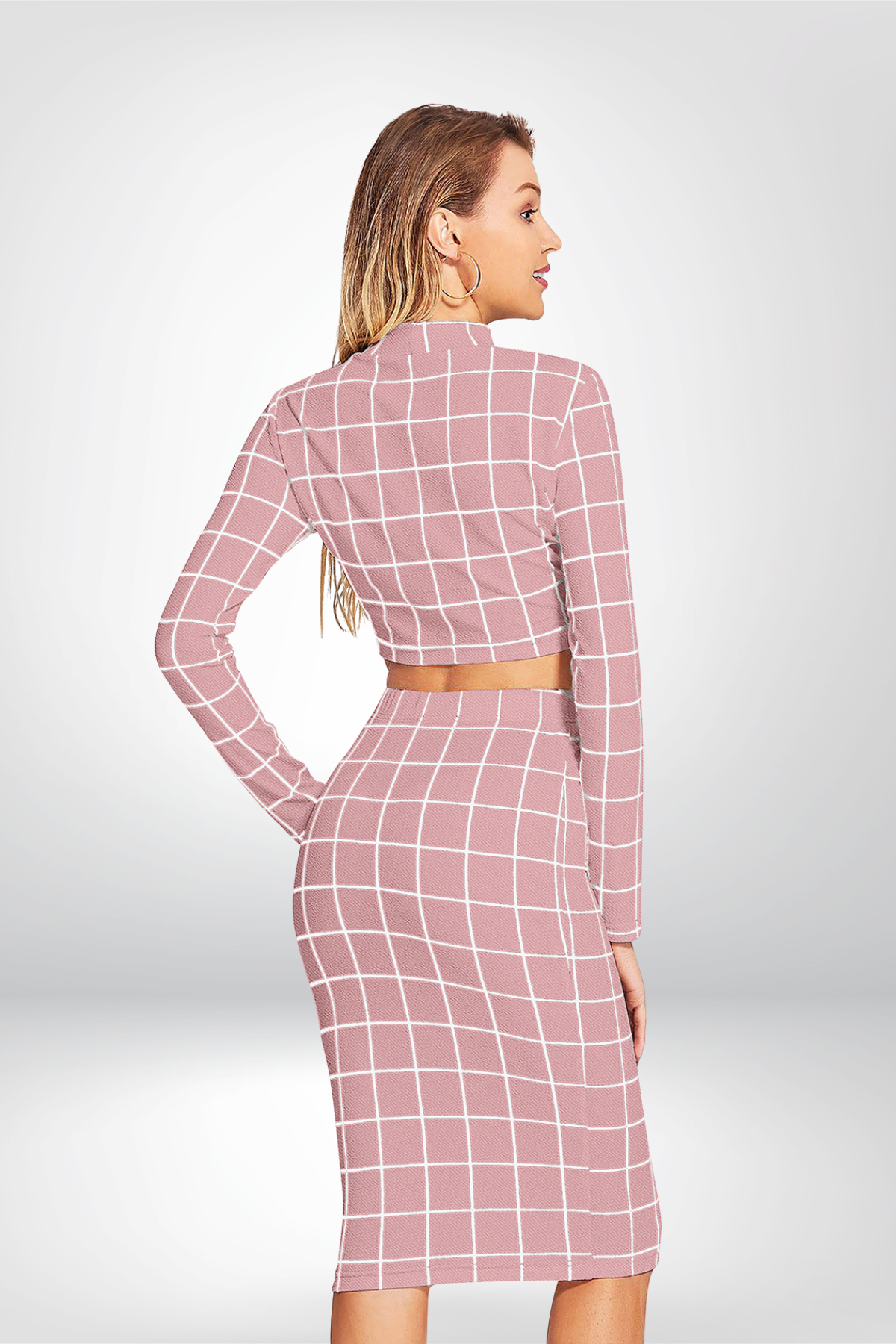 Mauve Grid Print Crop Top & Skirt Co-ord Set – High Neck, Long Sleeve [3 Colour]