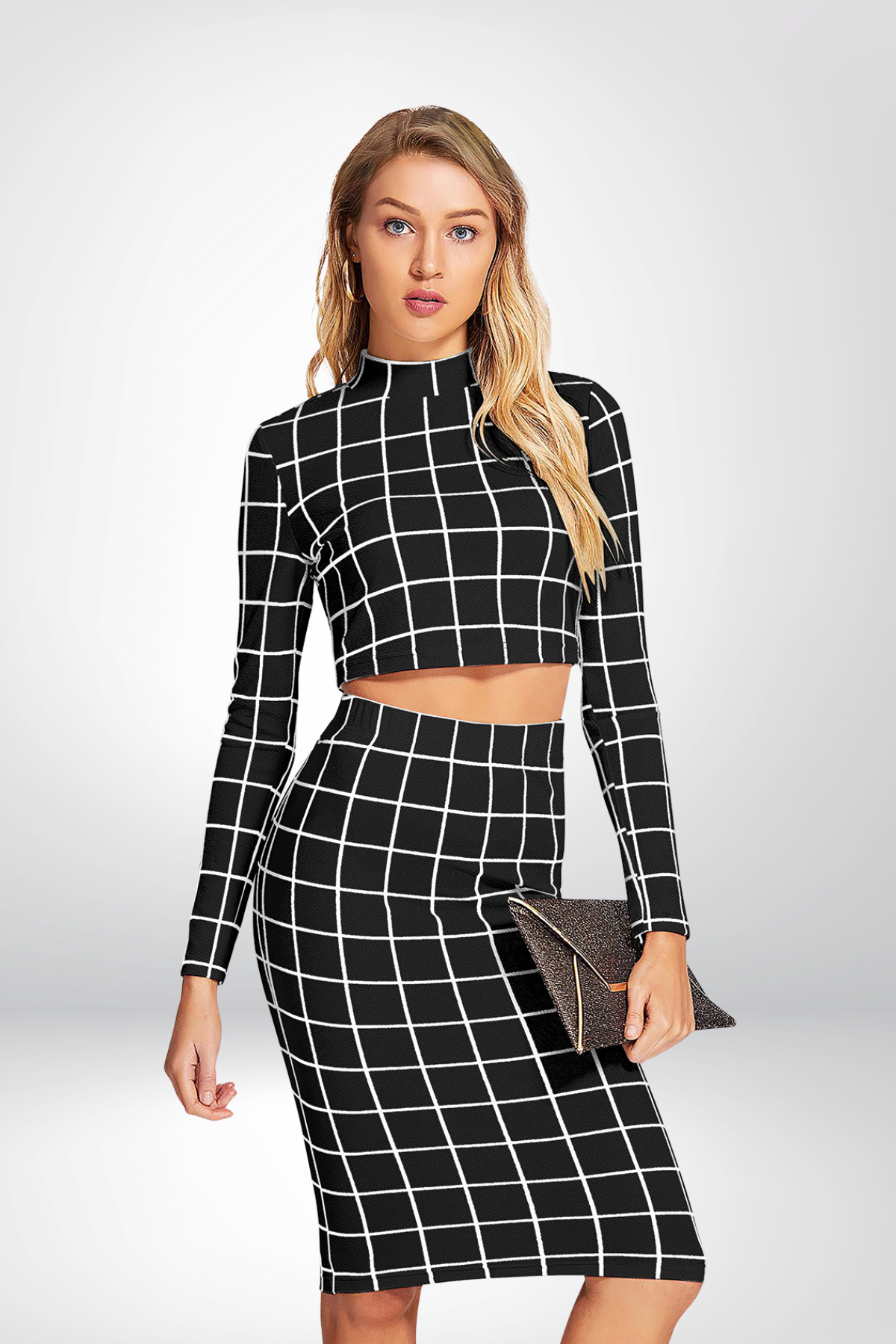 Mauve Grid Print Crop Top & Skirt Co-ord Set – High Neck, Long Sleeve [3 Colour]
