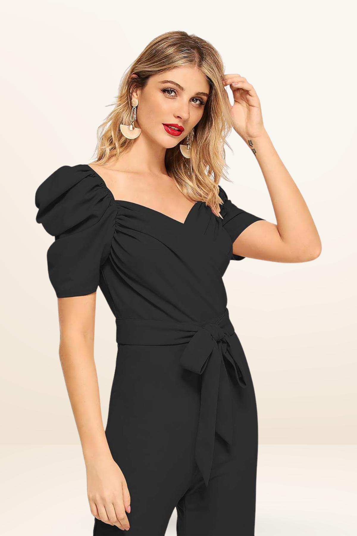 Puff Sleeve V-Neck Belted Jumpsuit [4 Colors]