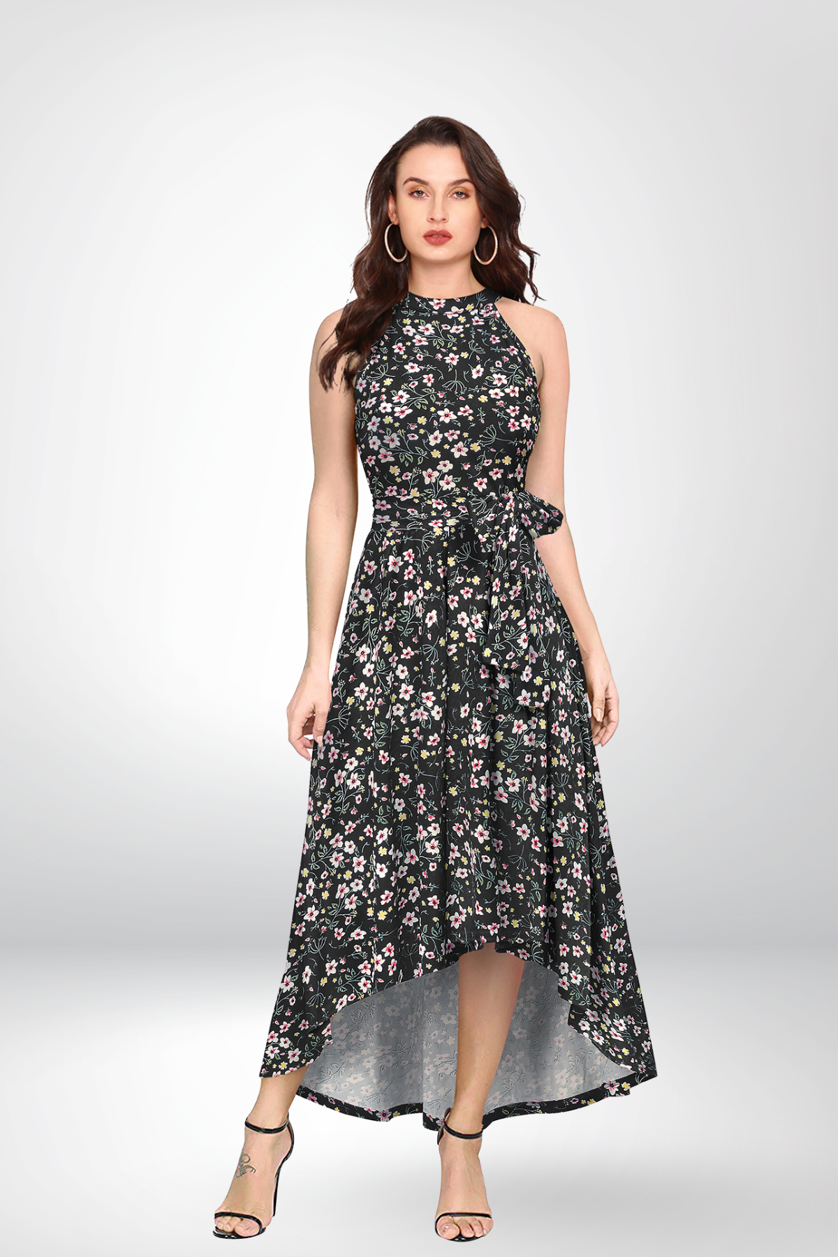 High-Low Halter Dress |  Tie Waist, Sleeveless A-line | Floral &  Zebra Print Option | [5 Colours]