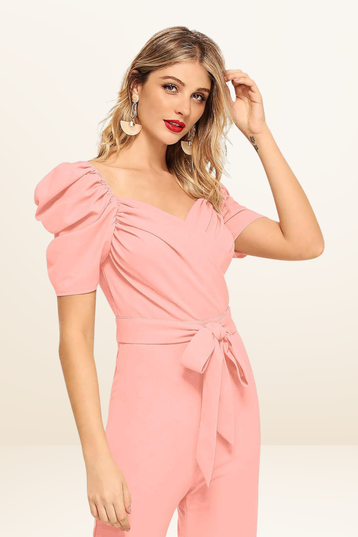 Puff Sleeve V-Neck Belted Jumpsuit [4 Colors]