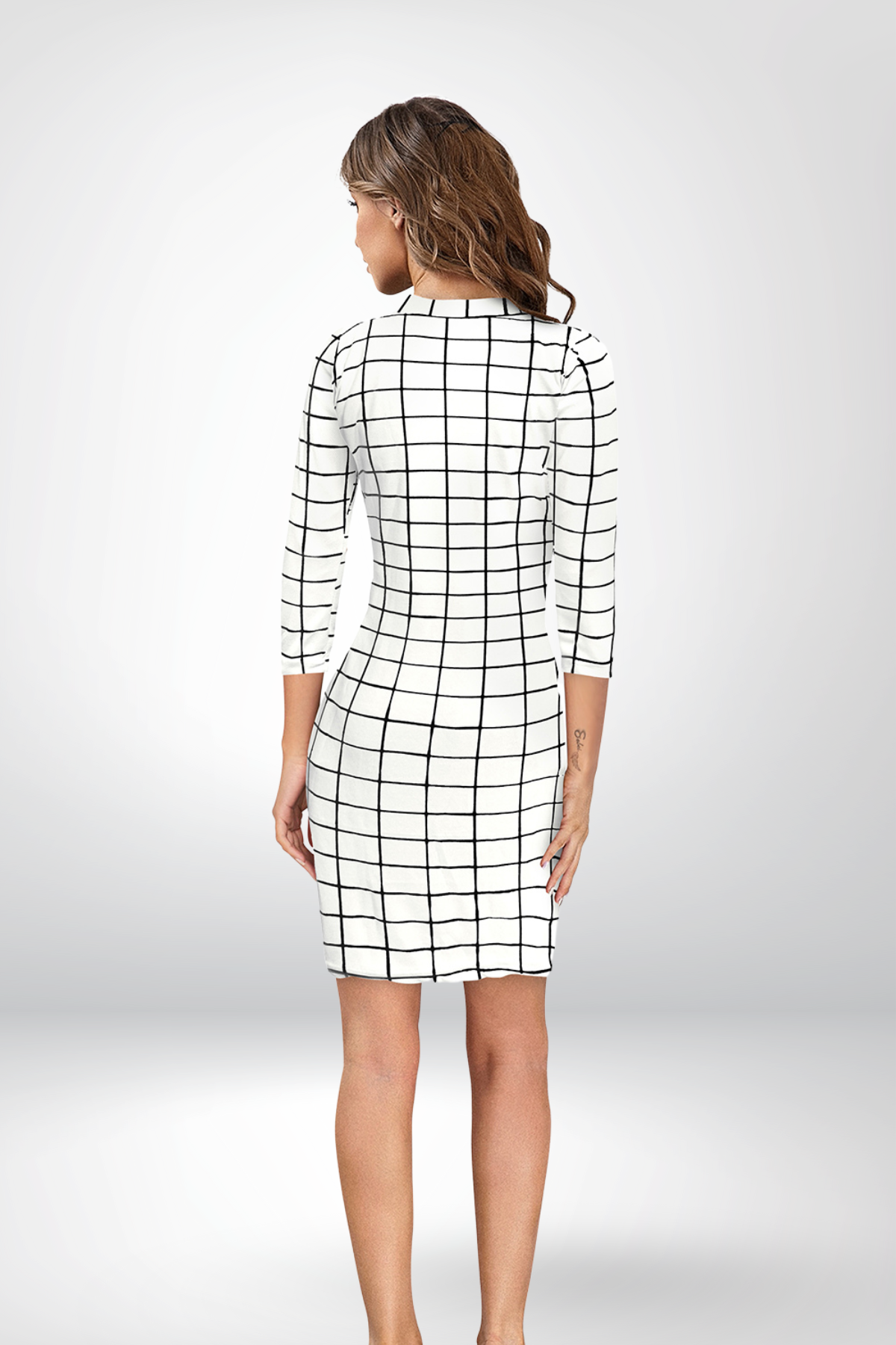 White Grid Print Bodycon Mini Dress | Crew Neck