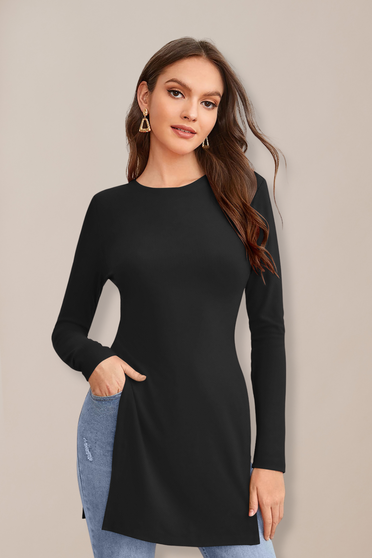 Longline Crew Neck Tunic Top [4 Colors]