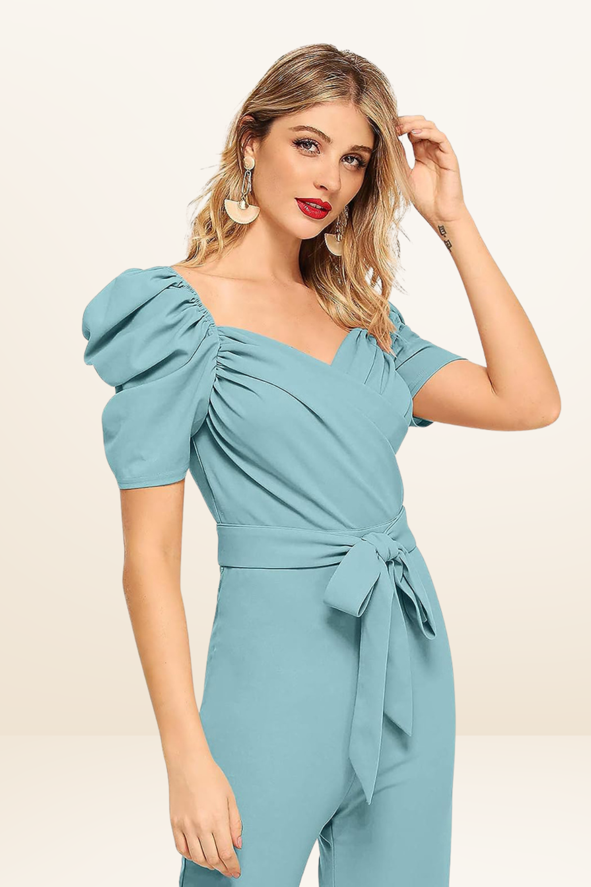 Puff Sleeve V-Neck Belted Jumpsuit [4 Colors]