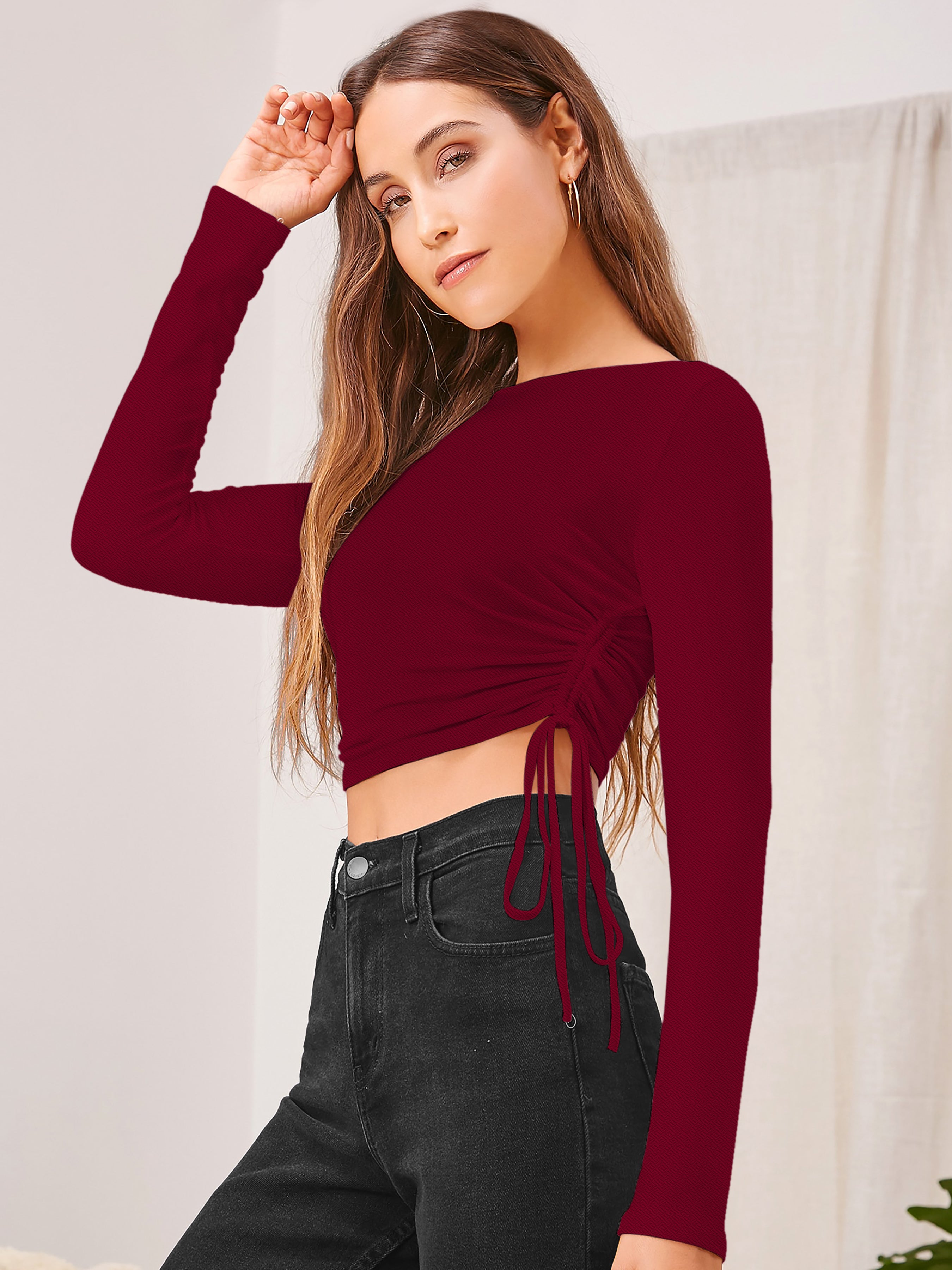 Ruched Side Long Sleeve Crop Top [4 Color]