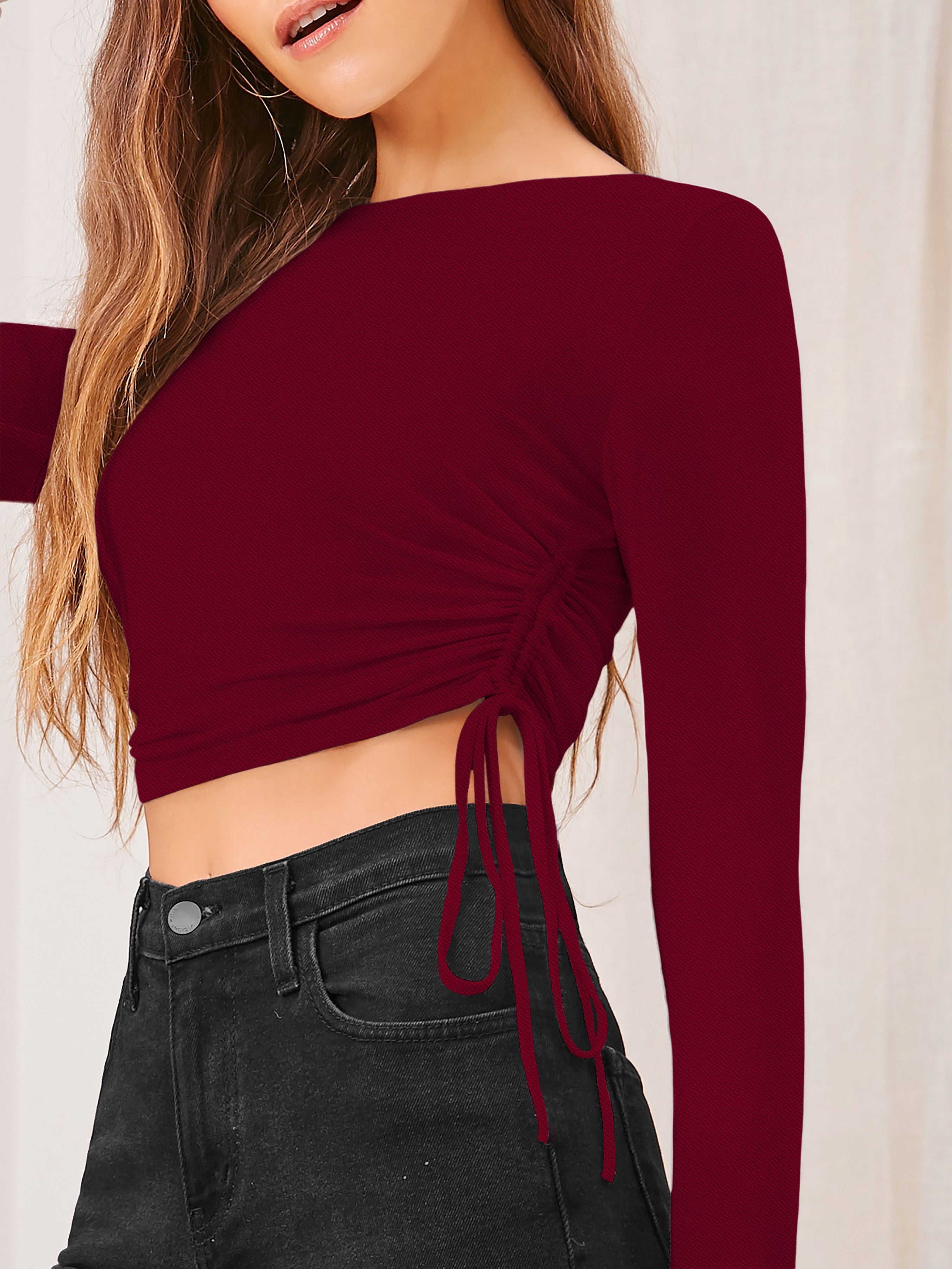 Ruched Side Long Sleeve Crop Top [4 Color]