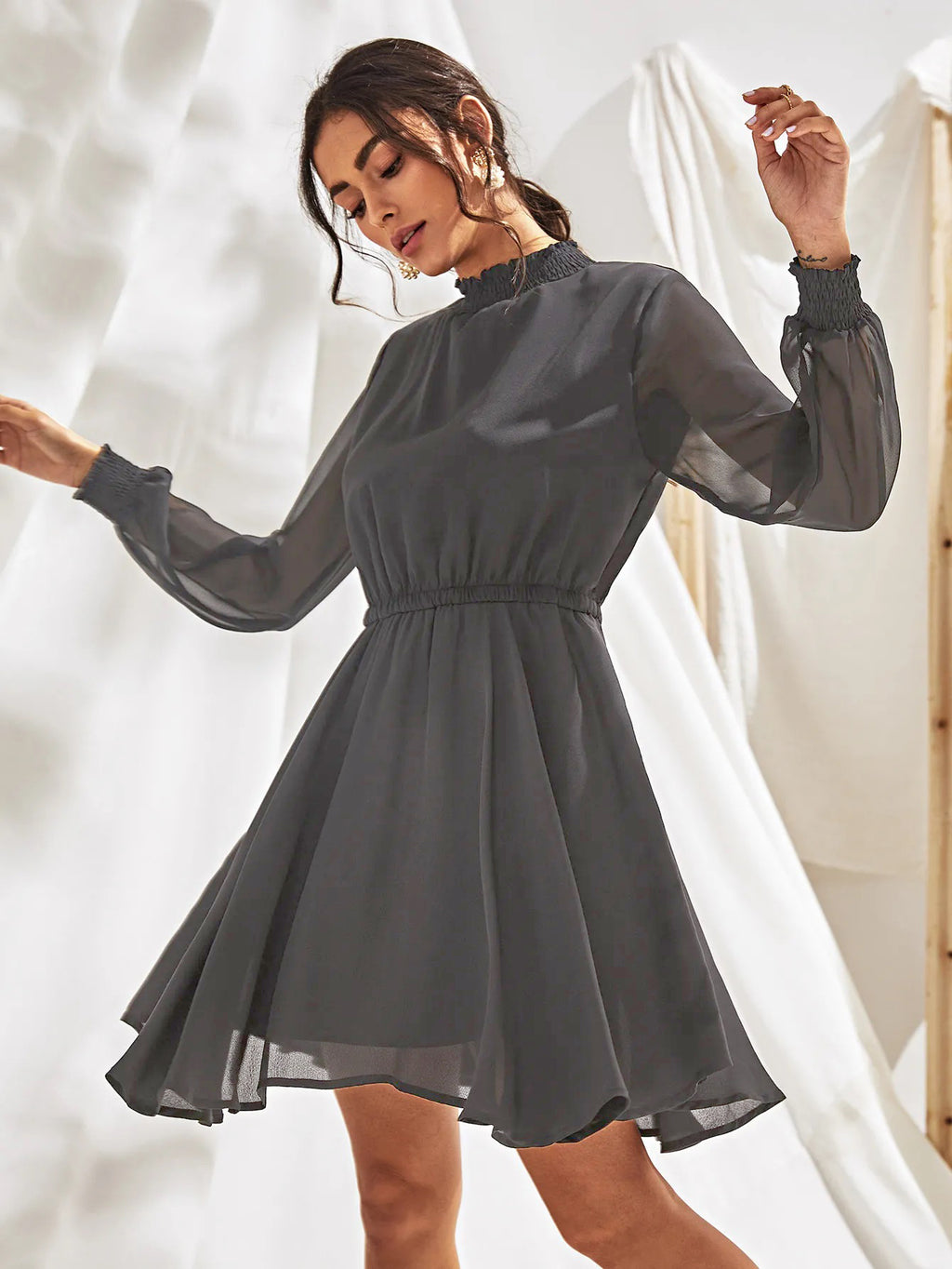 High-Neck Long Sleeve Chiffon A-Line Mini Skirt [4 Colors]