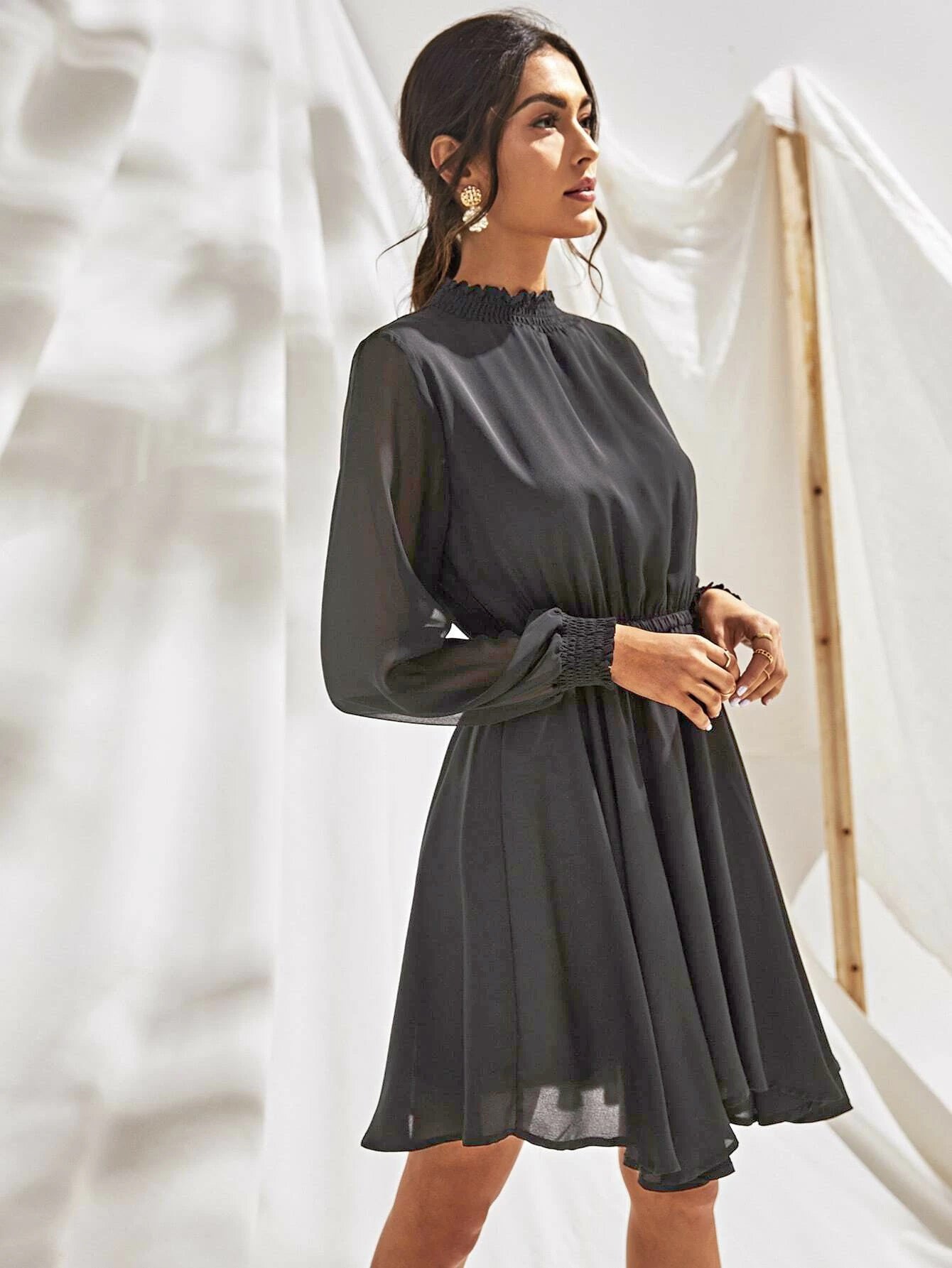 High-Neck Long Sleeve Chiffon A-Line Mini Skirt [4 Colors]