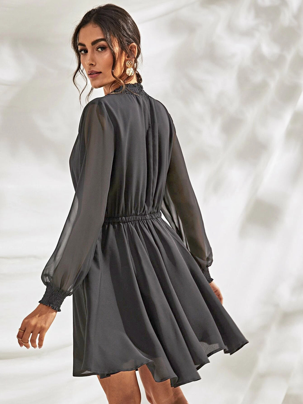 High-Neck Long Sleeve Chiffon A-Line Mini Skirt [4 Colors]