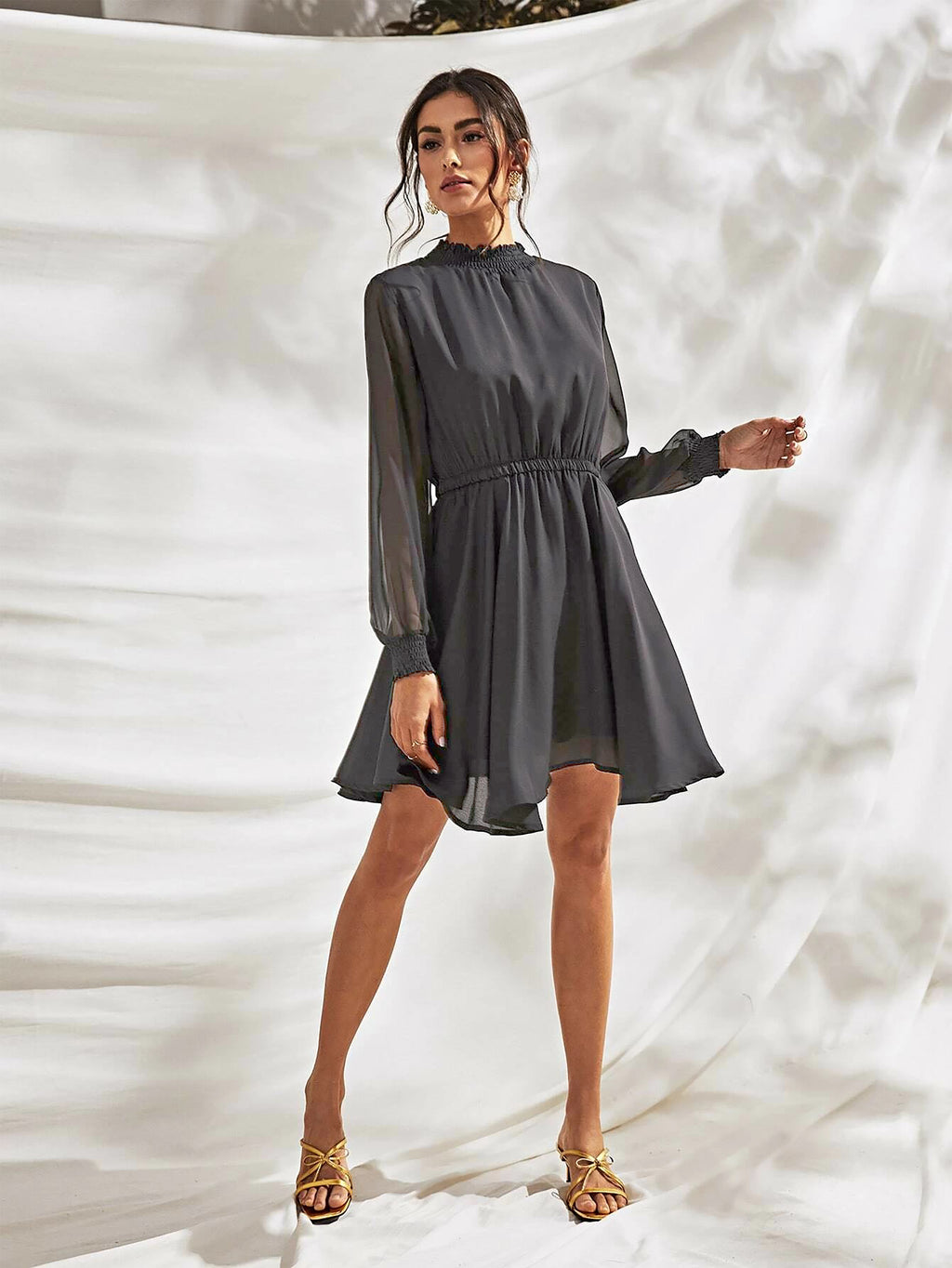 High-Neck Long Sleeve Chiffon A-Line Mini Skirt [4 Colors]