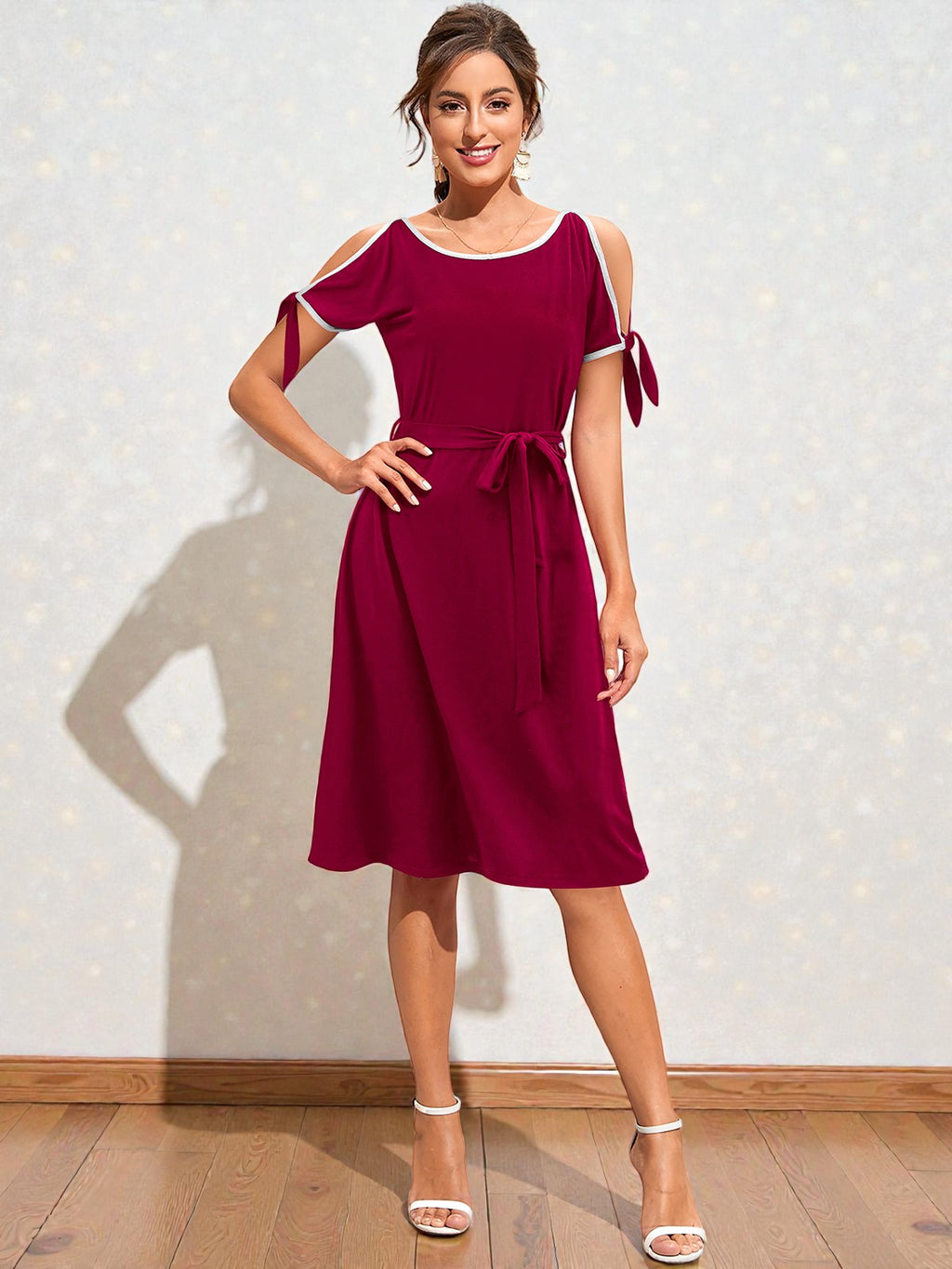 Shoulder Midi Dress with Waist Tie [2 Colors]
