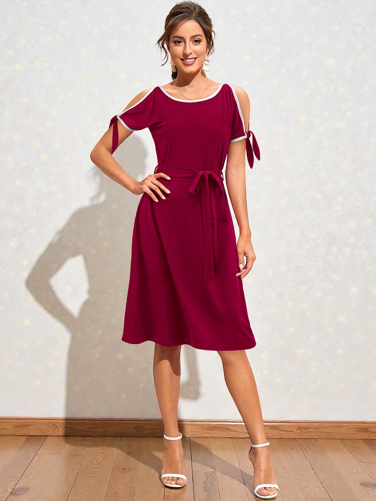 Shoulder Midi Dress with Waist Tie [2 Colors]