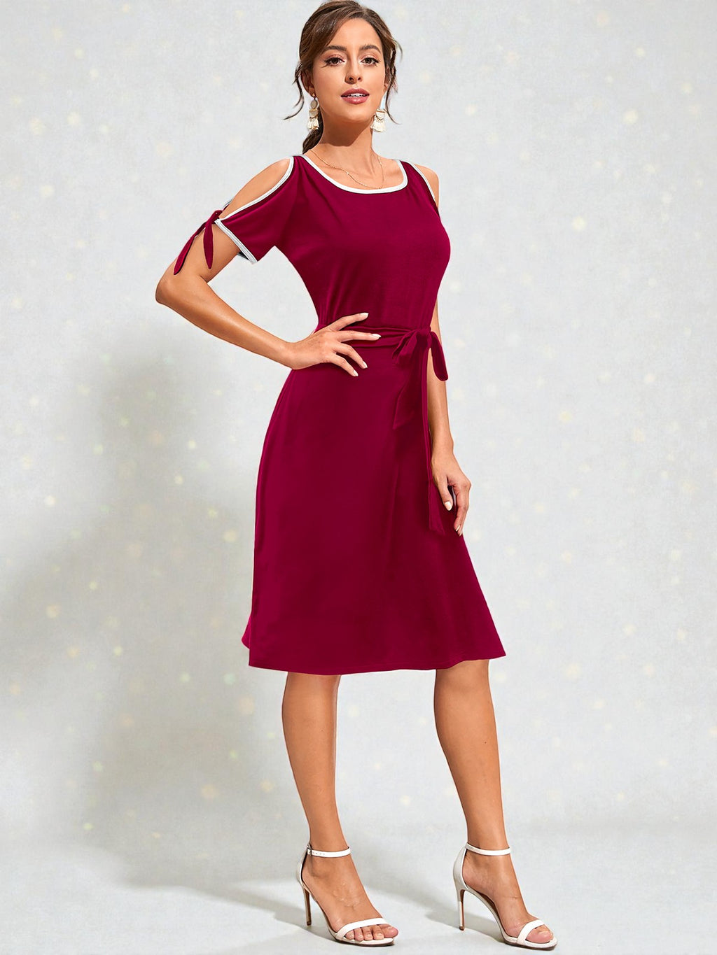 Shoulder Midi Dress with Waist Tie [2 Colors]
