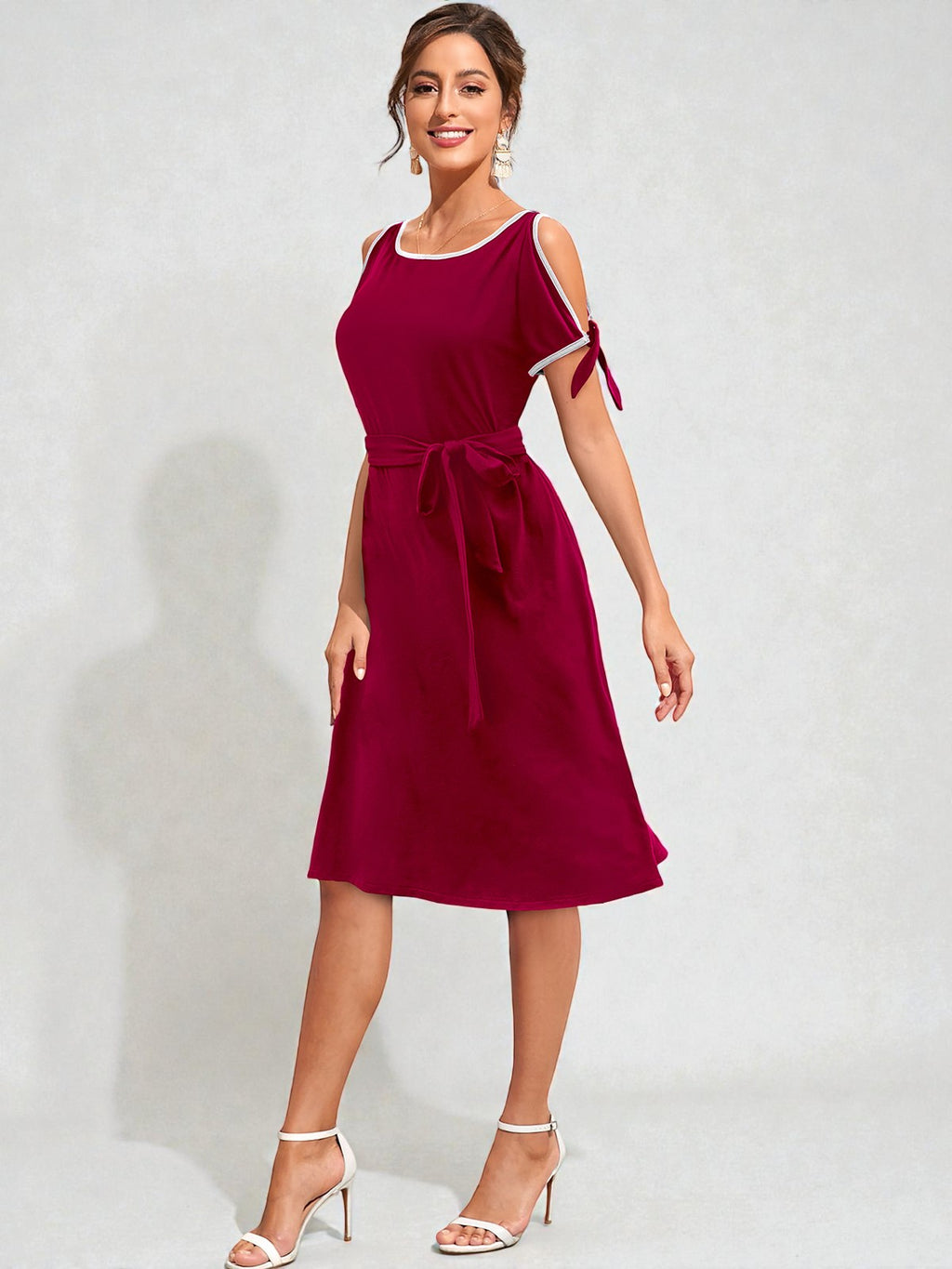 Shoulder Midi Dress with Waist Tie [2 Colors]