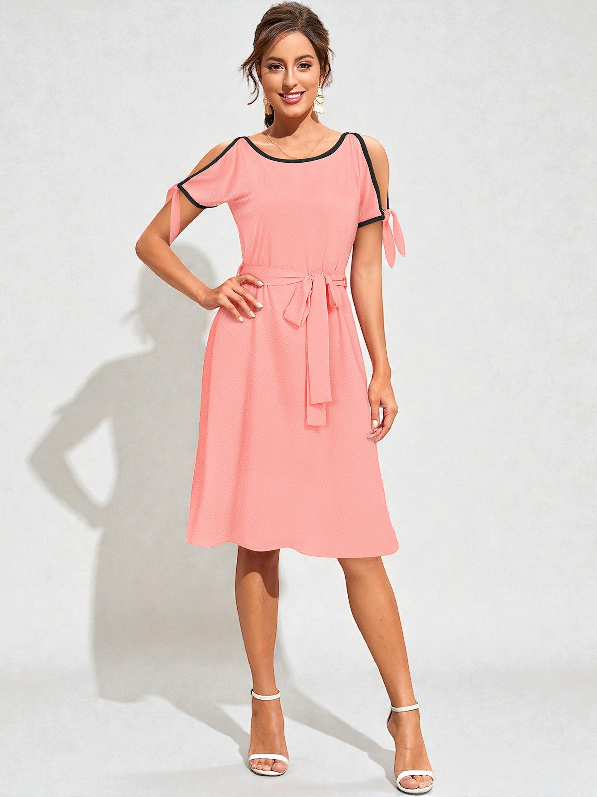 Shoulder Midi Dress with Waist Tie [2 Colors]