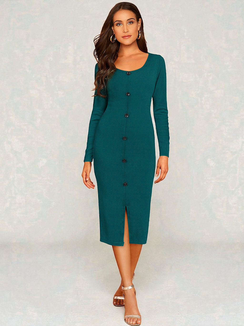 Teal Button-Front Ribbed Bodycon Midi Dress