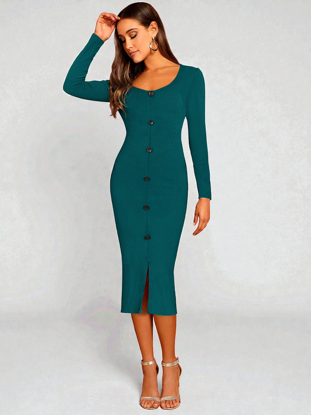 Teal Button-Front Ribbed Bodycon Midi Dress