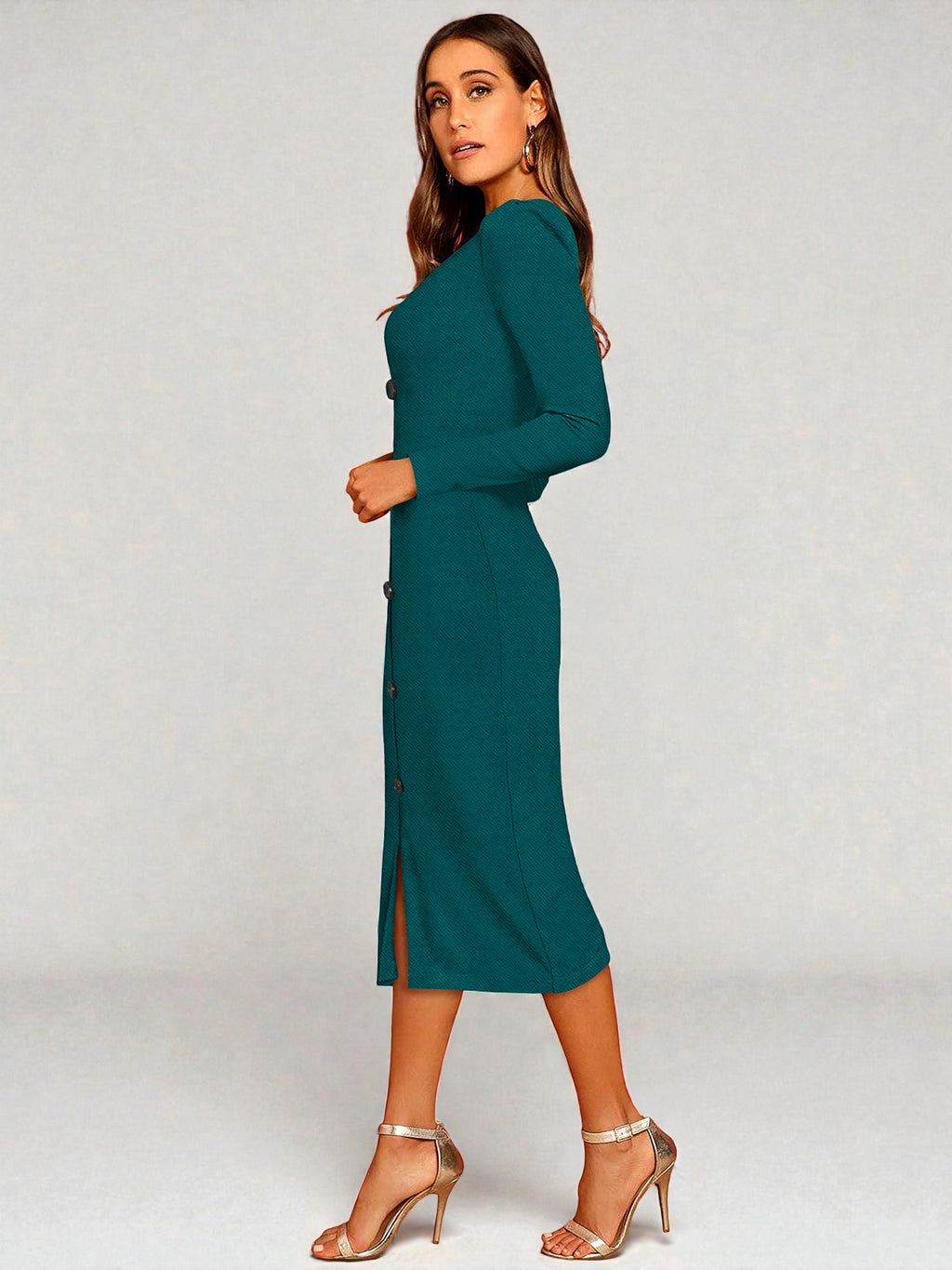 Teal Button-Front Ribbed Bodycon Midi Dress