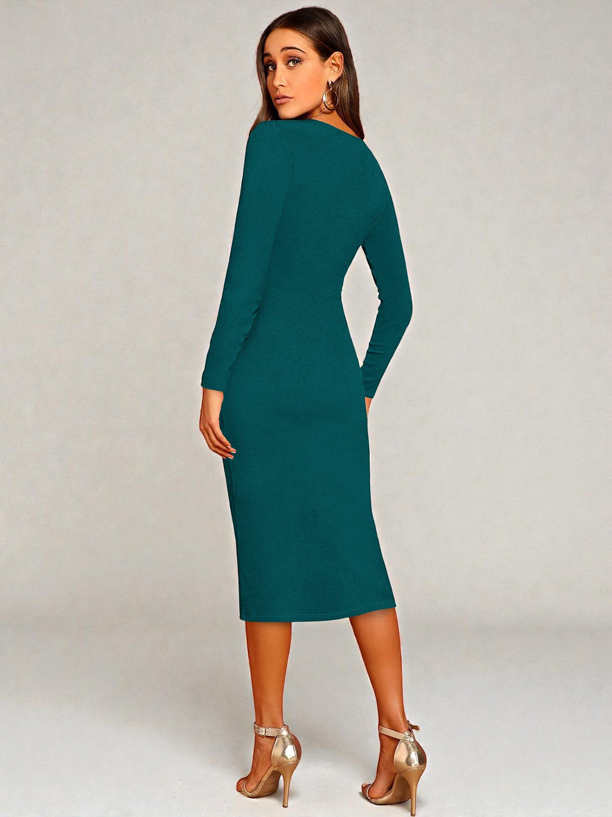 Teal Button-Front Ribbed Bodycon Midi Dress