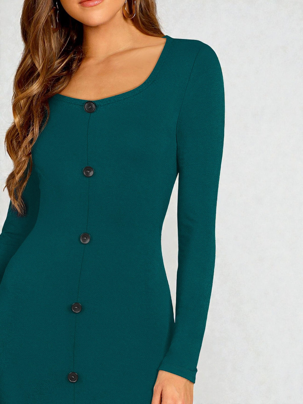 Teal Button-Front Ribbed Bodycon Midi Dress