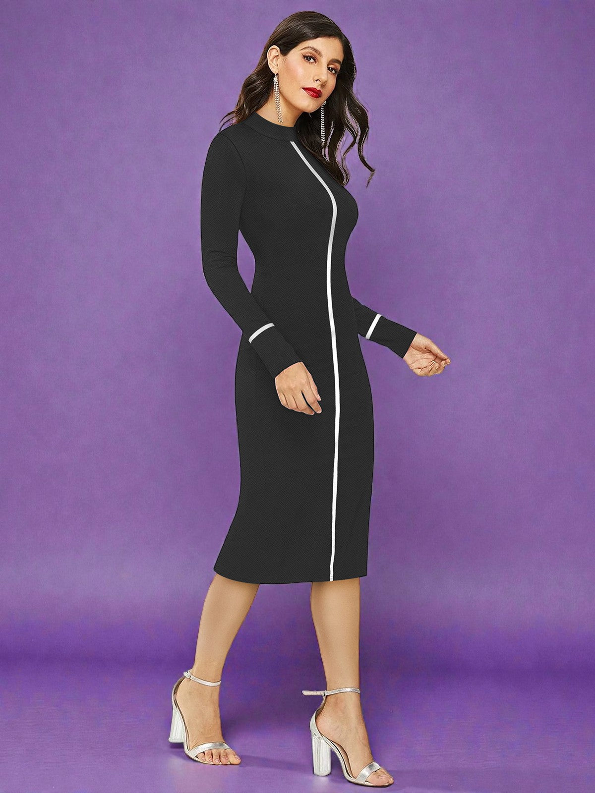 Black Knit Midi Dress with White Contrast Trim