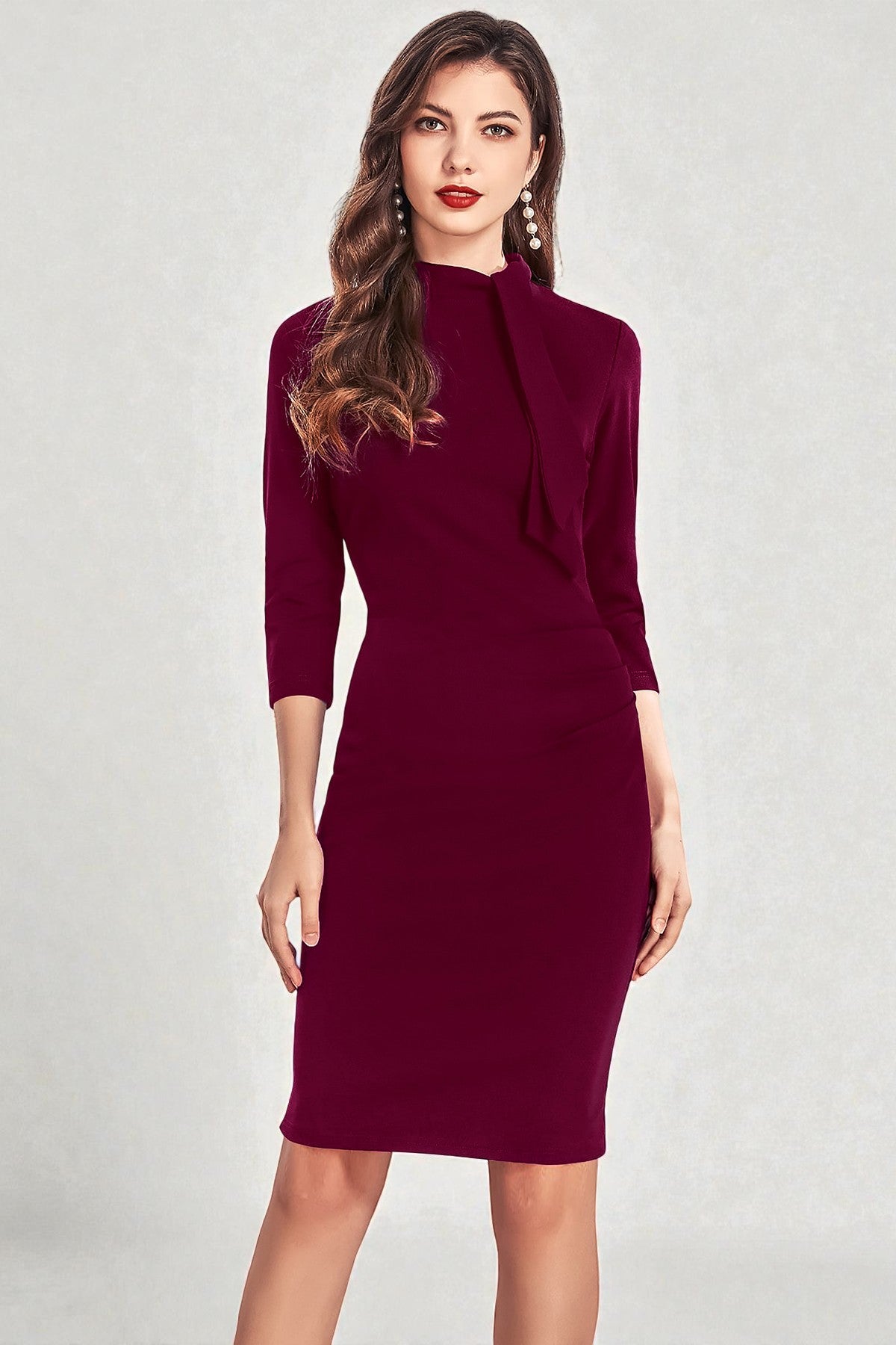 Burgundy Bodycon Dress with Bow Neck