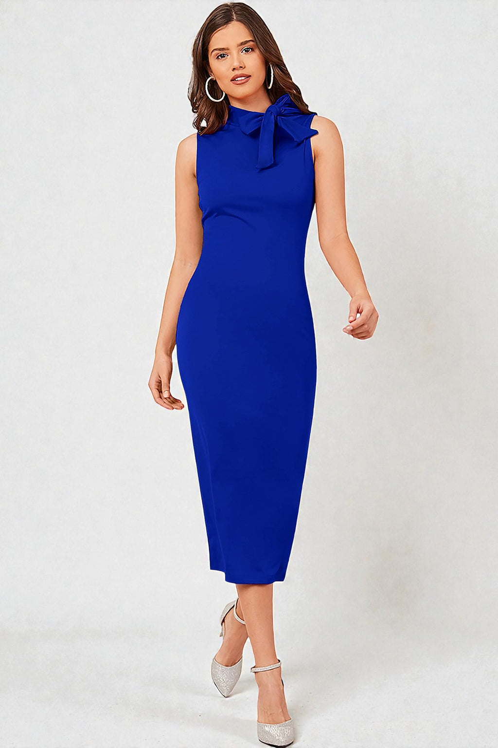 Royal Blue Bow Neck Sleeveless Midi Dress