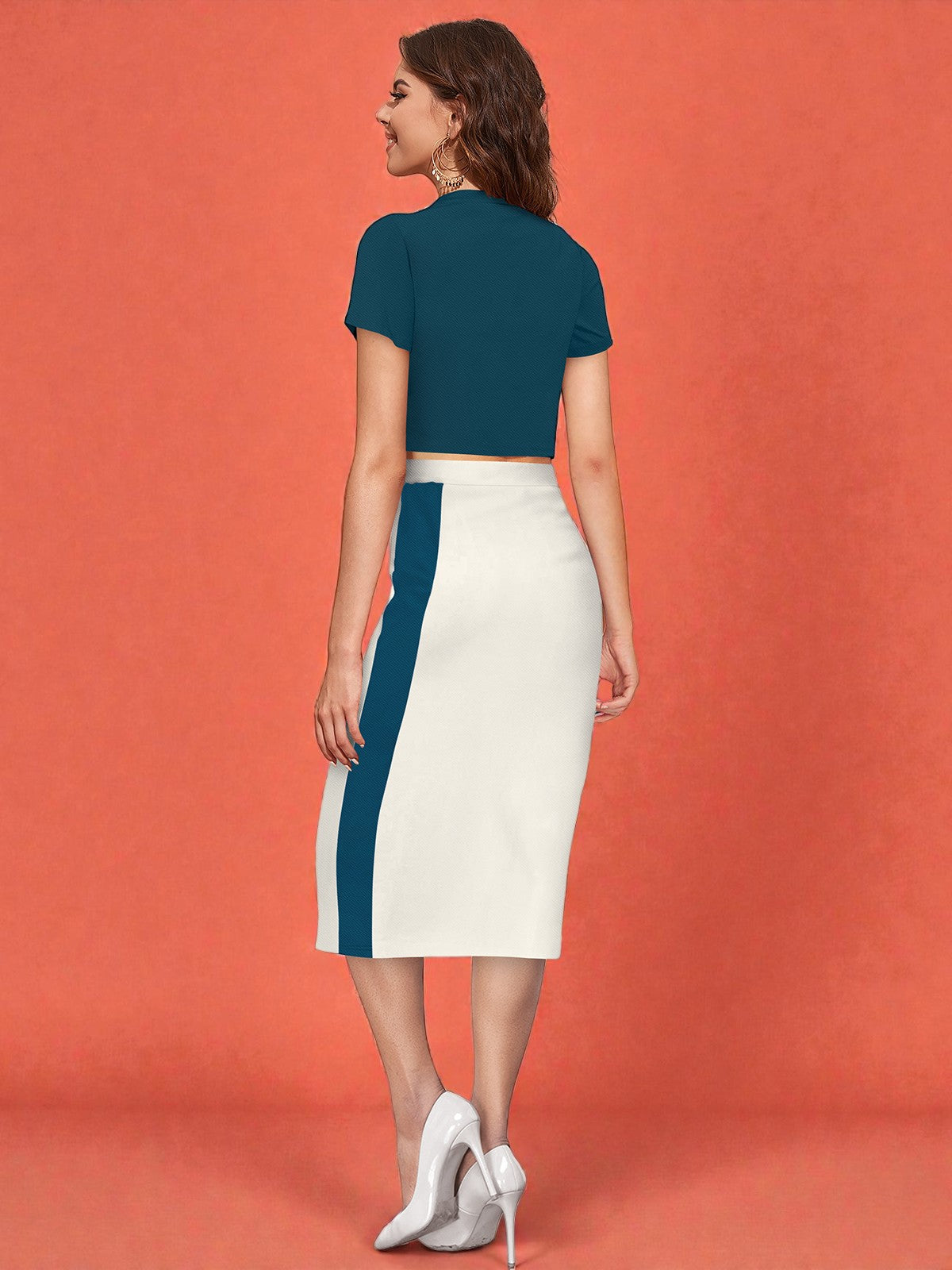 Teal Crop Top and Ivory Panel Midi Skirt