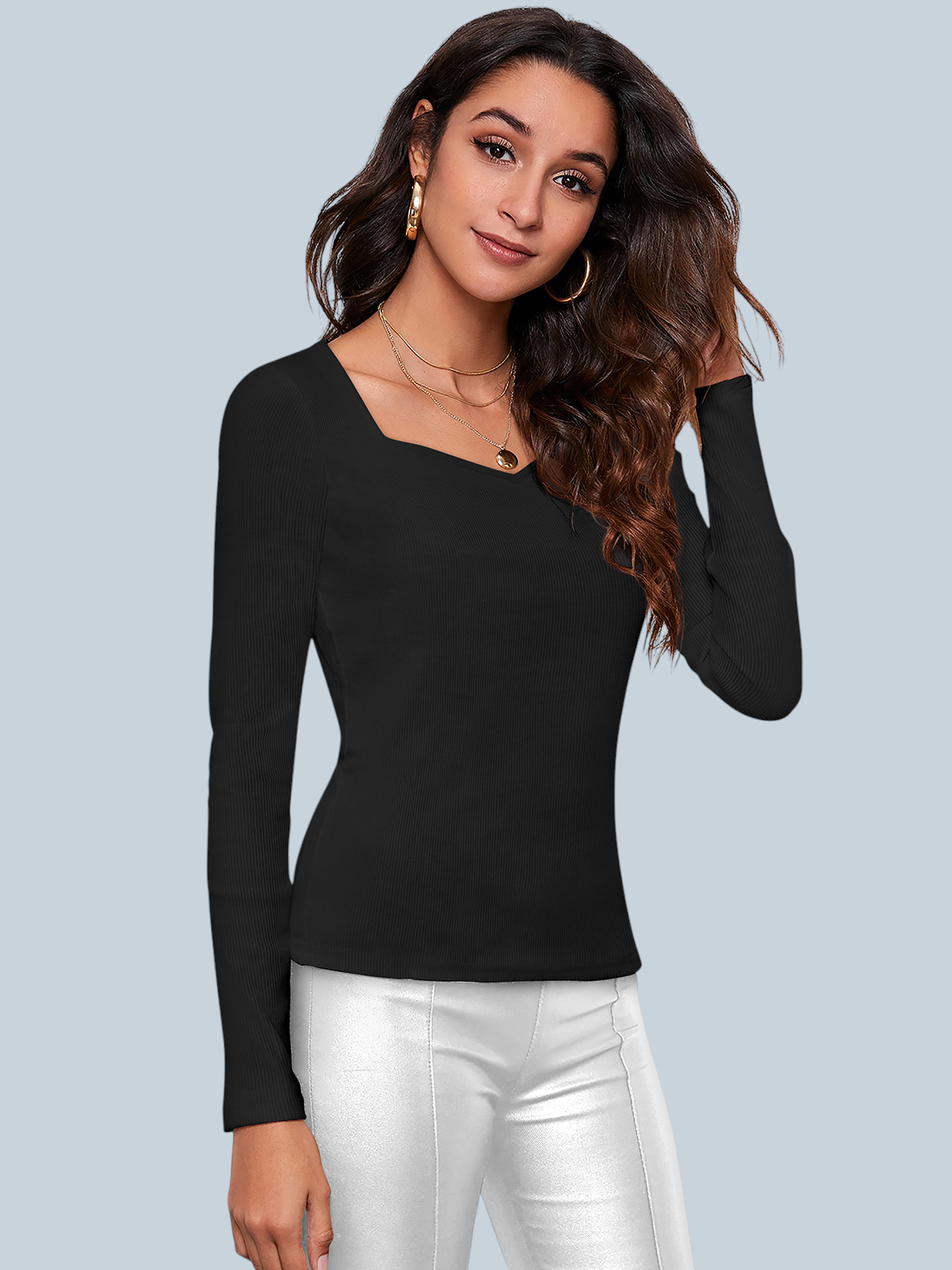 Square Neck Black Ribbed Bodysuit [2 Color]