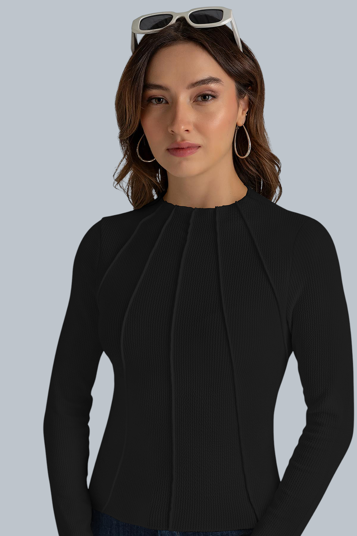 Pleated Panel High Neck Black Ribbed Top [2 Colors]