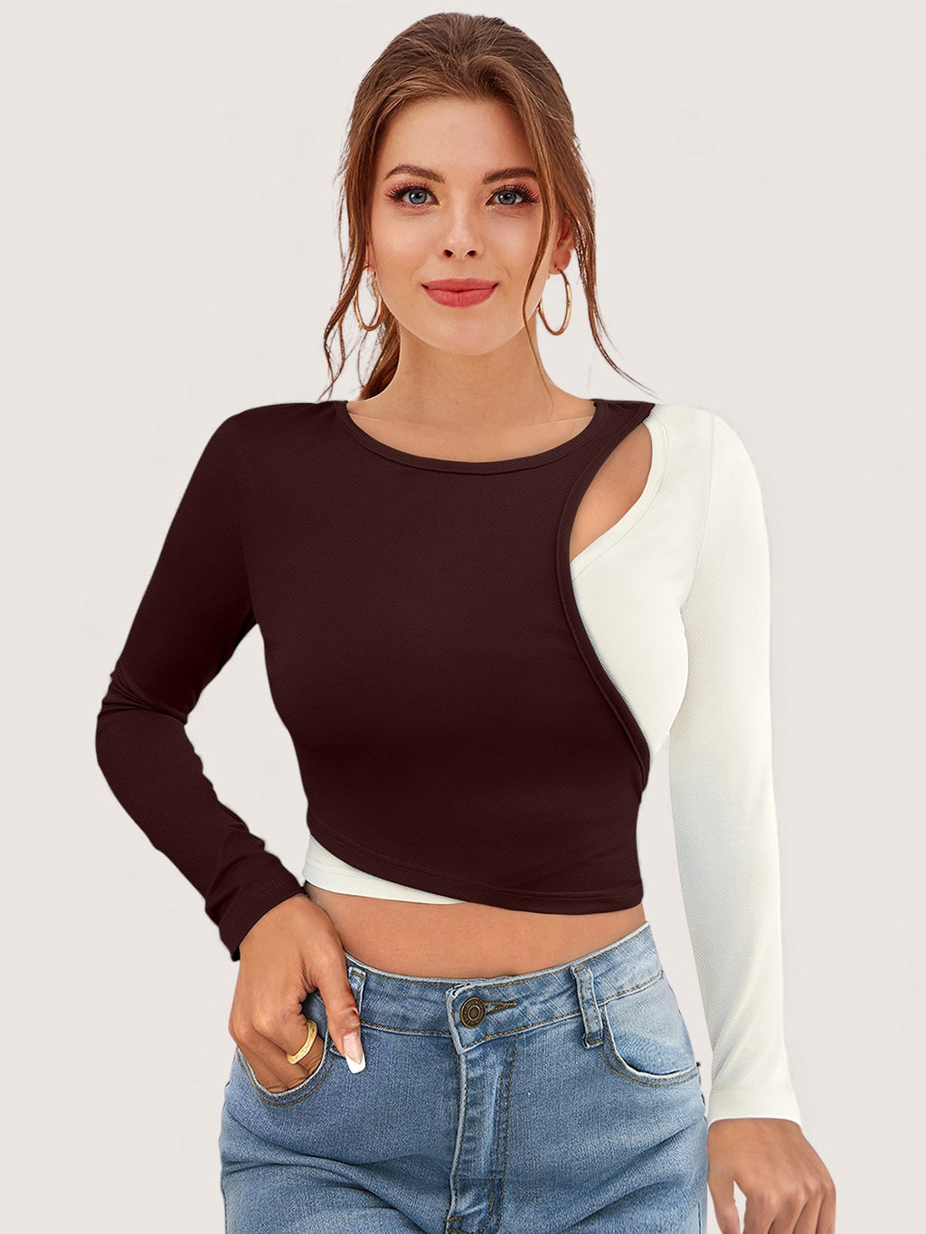 Colorblock Cutout Long Sleeve Crop Top [3 Colors]