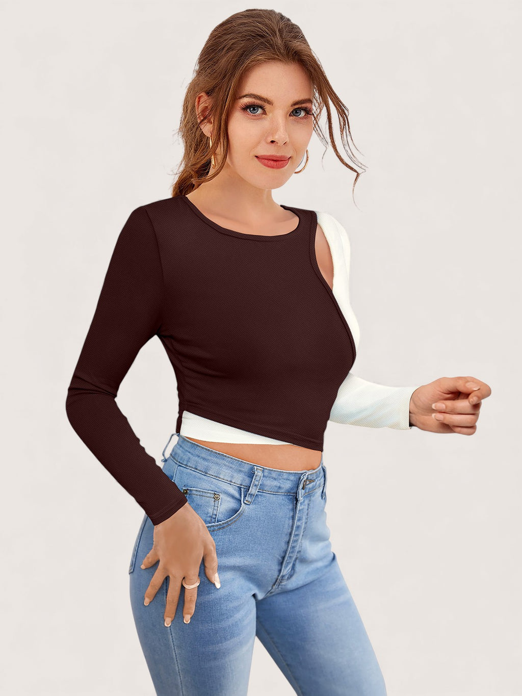Colorblock Cutout Long Sleeve Crop Top [3 Colors]