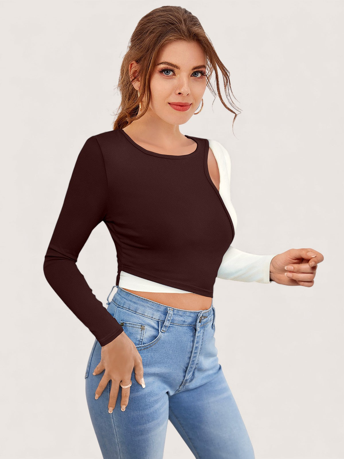 Colorblock Cutout Long Sleeve Crop Top [3 Colors]