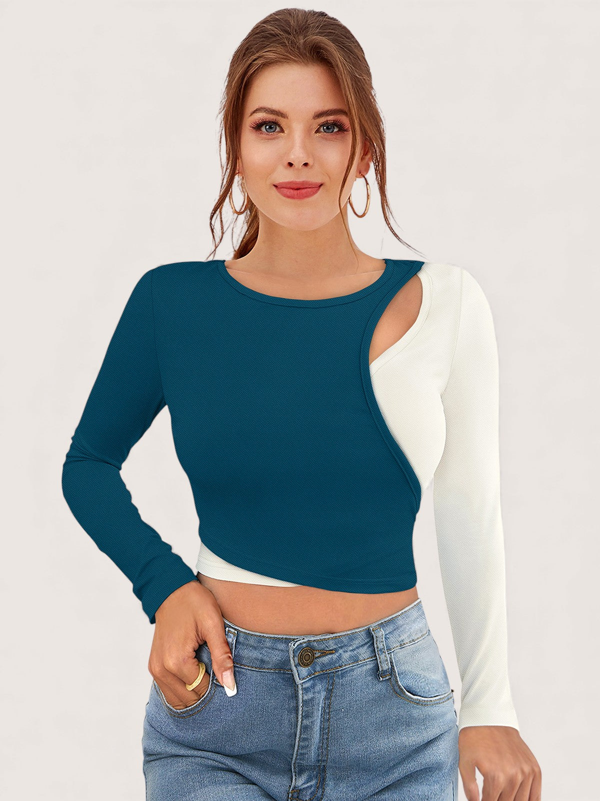 Colorblock Cutout Long Sleeve Crop Top [3 Colors]