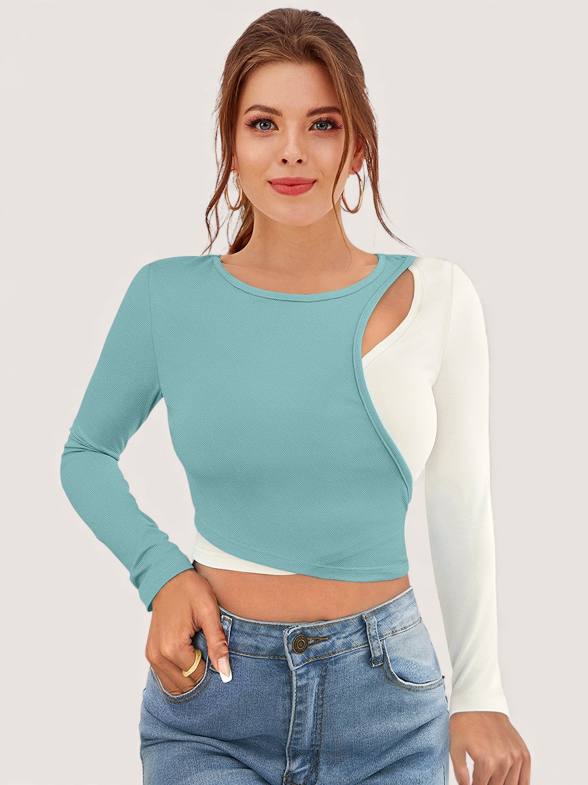 Colorblock Cutout Long Sleeve Crop Top [3 Colors]