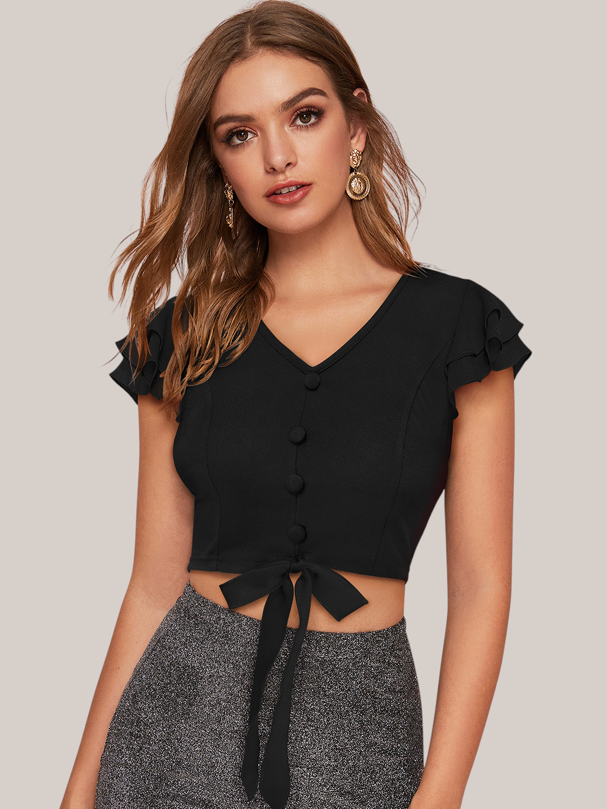 Ruffled Sleeve Button Front Tie Hem Crop Top [3 Colors]
