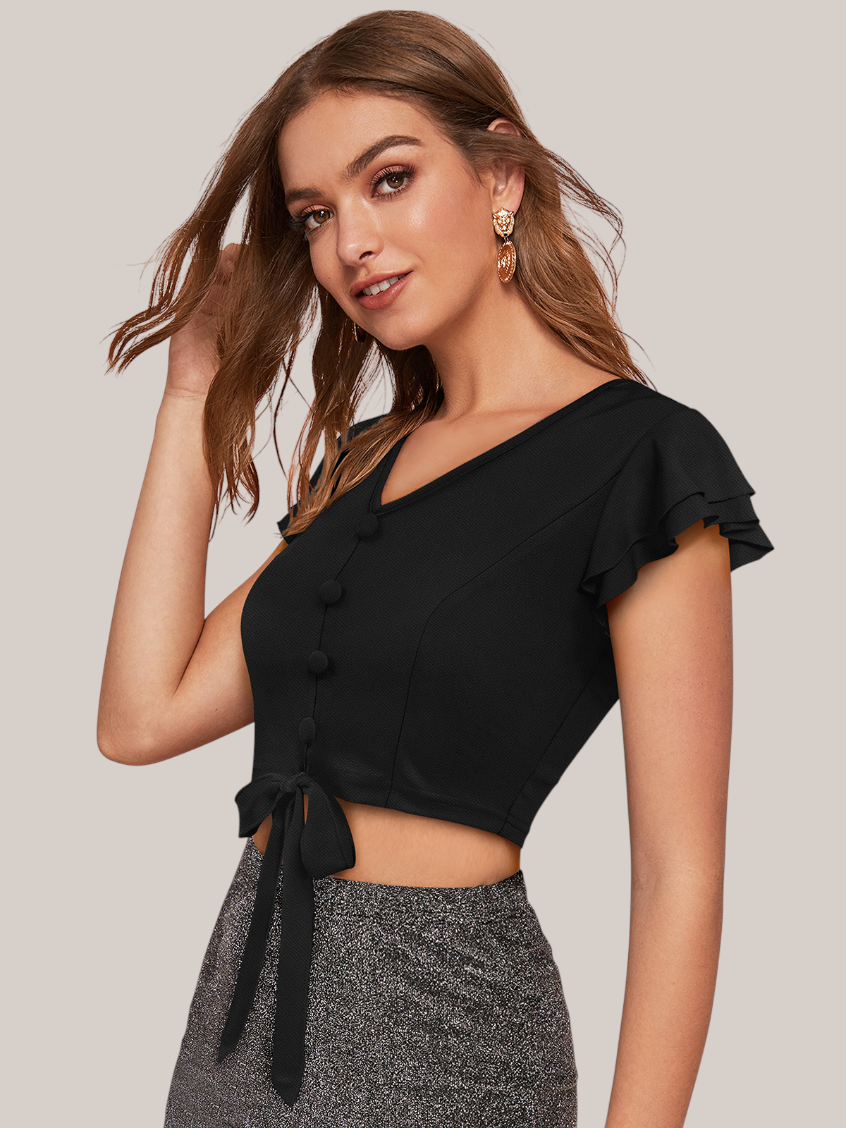 Ruffled Sleeve Button Front Tie Hem Crop Top [3 Colors]