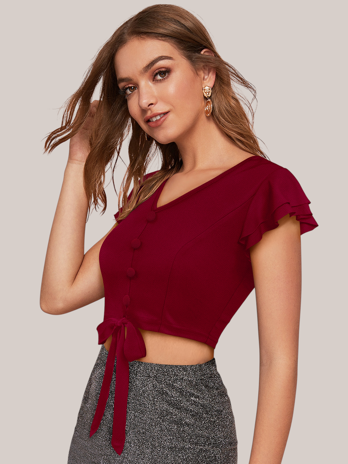 Ruffled Sleeve Button Front Tie Hem Crop Top [3 Colors]