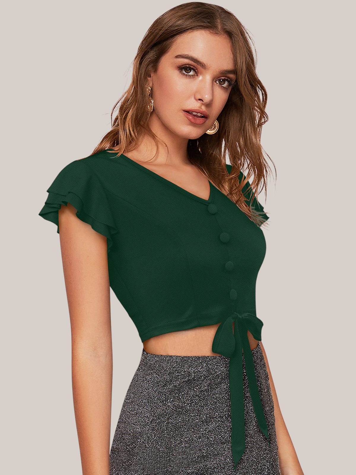 Ruffled Sleeve Button Front Tie Hem Crop Top [3 Colors]